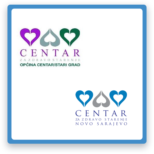 Slika sa logotipom Centara za zdravo starenje općina Centar i Stari Grad, te Centra za zdravo starenje Novo Sarajevo. Logotipi se sastoje od tri oblika nalik srcu, sa bočnim oblicima usmjerenim prema dolje, a središnjim oblikom usmjerenim prema gore. Ispod logotipa ispisani su nazivi centara i općina u kojima se nalaze.