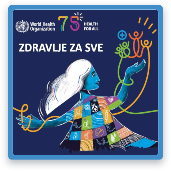Ova ilustracija, kreirana u stilu stripa, prikazuje ženu sa brojem 75 pored nje i logom Svjetske zdravstvene organizacije (WHO) u pozadini. Broj 75 predstavlja 75. godišnjicu Svjetske zdravstvene organizacije koja se svake godine obilježava na Svjetski dan zdravlja. Žena na ilustraciji predstavlja temu Svjetskog dana zdravlja 2023. godine, koja tek treba biti objavljena.
