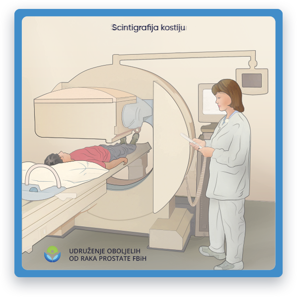 Prikazana je ilustracija koja prikazuje postupak scintigrafije kosti, s pacijentom koji leži na leđima ispod
         uređaj za skeniranje. Uređaj za skeniranje emituje malu količinu radioaktivnog materijala, koji putuje kroz
         krvotoka i akumulira se u dijelovima kostiju koji prolaze kroz povećanu metaboličku aktivnost.
         Rezultirajuća slika pruža informacije o zdravlju kostiju i može pomoći u dijagnozi različitih poremećaja kostiju,
         kao što su frakture, infekcije ili tumori. Ova ilustracija ima za cilj da pruži vizuelni prikaz kosti
         postupak scintigrafije u obrazovne svrhe.