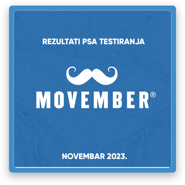 Slika prikazuje logo kampanje MOVEMBER 2023 i tekst REZULTATI PSA TESTIRANJA NOVEMBAR 2023.